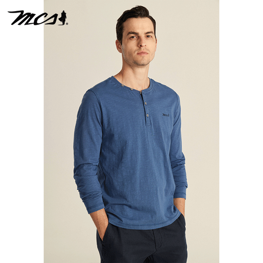 MCS comes from Marlboro American retro long-sleeved T-shirt spring new cotton slim round neck solid color Henley shirt for men light gray blue K1 56/XXXL/185