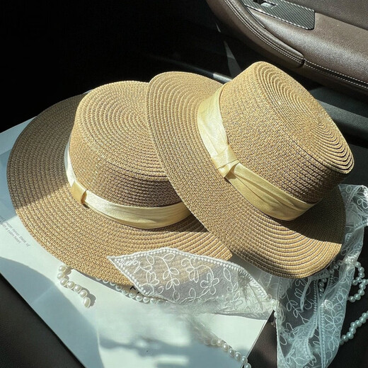 Hengyuanxiang 2026 new style French flat-top straw hat for women summer seaside large head circumference woven beach hat sun protection sun hat pure beige basic small brim flat hat #