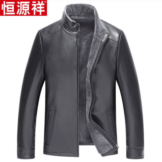 Hengyuanxiang fur all-in-one men's genuine leather jacket for men autumn and winter new sheepskin wool liner leather jacket coat middle-aged business casual stand-up collar men's thickened Haining fur black 185/3XL