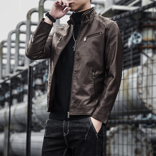 ANDSEEYOU brand leather jacket men's autumn new Korean style slim motorcycle leather jacket men's 2025 new stand collar Chinese Valentine's Day black plus velvet thickened M