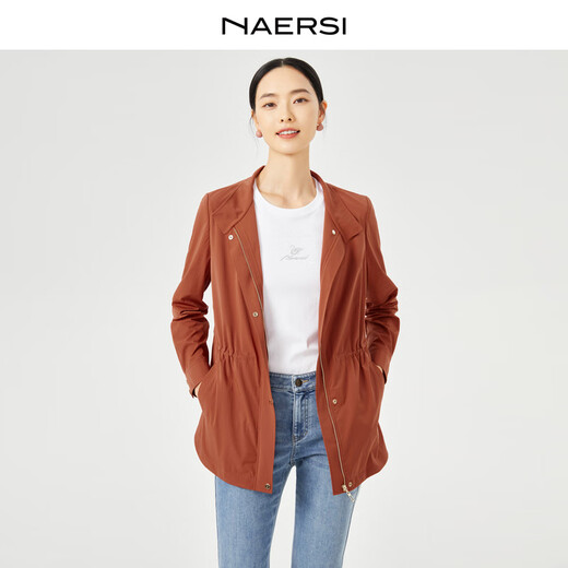 娜尔思（NAERSI）【便利外套】立领收腰风衣外套女25秋季休闲上衣 浅橙红色 L