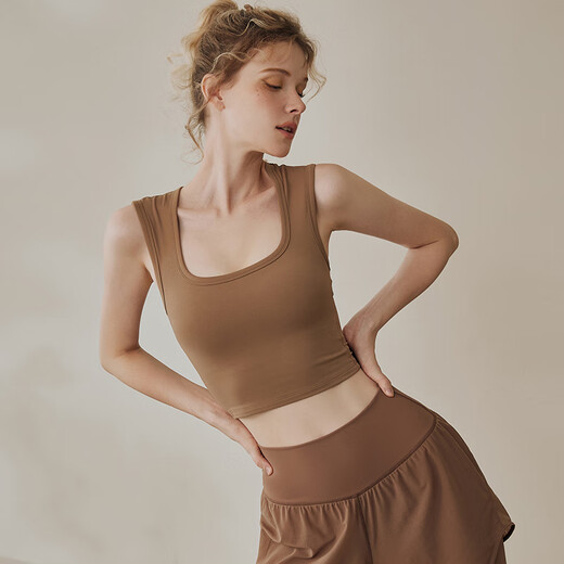 LULUUVTTOH sports vest with chest pad for women shock-proof running quick-drying fitness high-intensity Pilates training yoga top bra cocoa M