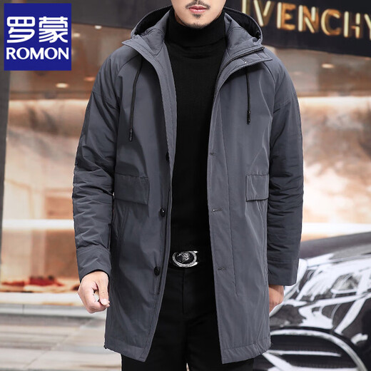 Luo Meng high-end windbreaker men's spring and autumn thickened warm business casual mid-length thickened down hooded winter coat FY192213 gray 175/L