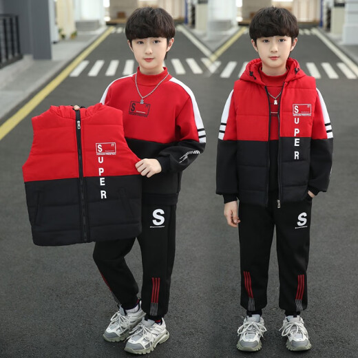 Aernita Children's Clothing Boys' Suit Autumn and Winter Clothes Large Children's Casual Three-piece Suit Plus Velvet Thickened Little Boy's Clothes 3-14 Years Old Red Size 140 [Recommended height is about 1.3 meters]