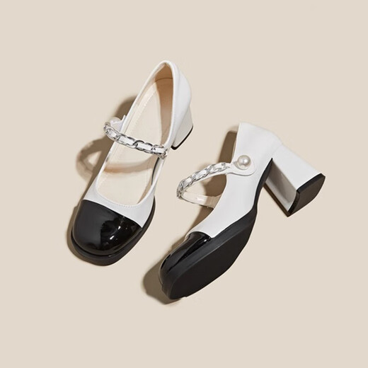 Xuanyan Little perfumado Fairy Mary Mary Zhen Zapatos de cuero pequeños en blanco y negro Bloqueo de color para mujeres Tacones gruesos tacones altos en blanco y negro [6 cm] [Tamaño 36]