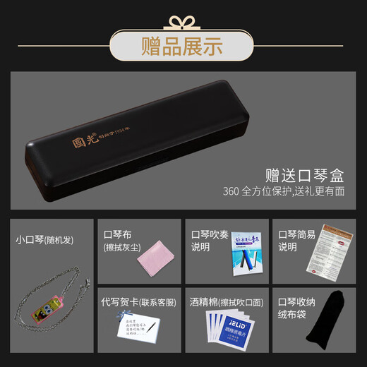 Guoguang Shanghai 28-hole stress harmonica for adult professional performance-level polyphonic C-tun wide range for beginners wide range - polyphonic black + full set of self-study gifts