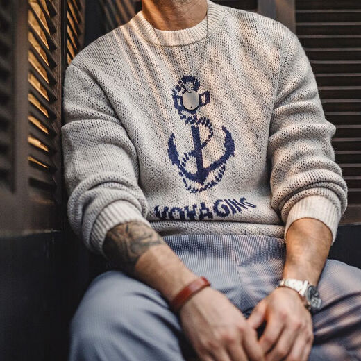 Maden Workwear American Retro Strickanker Jacquard Pullover Vintage Pullover Rundes Hals Basis Hemd Herrenherbst grau Blau L.