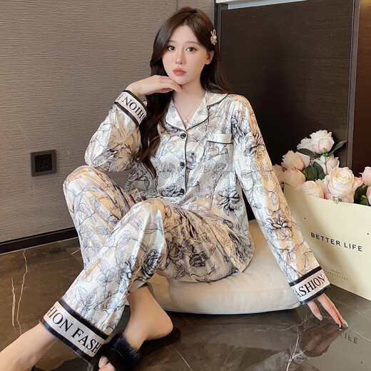 Modal 2025 New Gold Samt Pyjamas für Frauen im Frühjahr und Frühjahr Herbst, langärmelige Strickjacke-Tintenmalerei High-End-Heimkleidung kann außerhalb von 5009 m empfohlen werden 80-100jin [Jin Equals gleich 0,5 kg]
