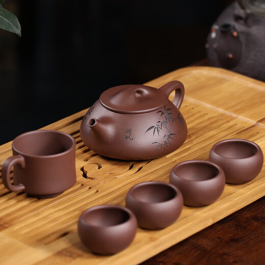 Hidden Pot World Government Subsidy Yixing Purple Clay Teapot Purely Hand-engraved Teapot Jingzhou Stone Ladle Teapot Tang Yun Stone Ladle Set