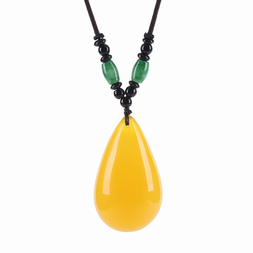 Ziweidai guaranteed official beeswax pendant old sweater chain water drop amber long necklace chicken oil yellow men and women Ruyi gourd + jade braided rope