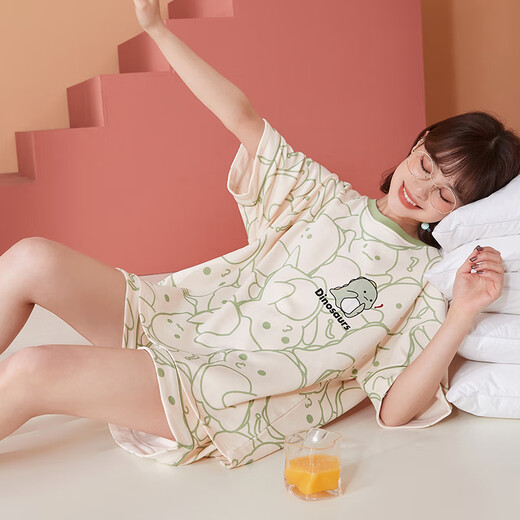 Langsha Pajamas Women's Summer Thin Printed Short-Sleeved Suit Sweet Round Neck Pullover Can Be Weared Outside Home Clothes Light Green Dinosaur