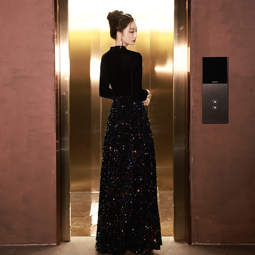 Mishid large size dress 200 Jin Jin is equal to 0.5 kg, fat mm plus fat women are slimming and belly covering long slim slim evening dress black long style XL125 Jin Jin is equal to 0.5 kg to 135 Jin Jin is equal to 0.5 kg