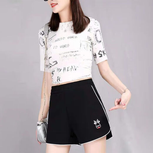 HTBT Cool Silk Cotton Wide Leg Sports Shorts for Women Summer High Waisted Loose Slimming Pants for Outerwear Versatile Casual Hot Pants Black Letters XL (Recommended 110-125 Jin Jin equals 0.5 kg)