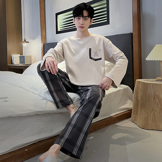 
Langsha pajamas men's spring and autumn long-sleeved suit 2024 new loose large size simple style student casual home clothing 15567 stripes L men (suitable for 100-130 Jin [Jin equals 0.5 kg])