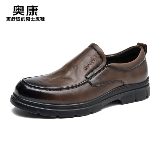 Aokang 2025 spring and autumn new business casual men's shoes, comfortable slip-on men's leather shoes, genuine leather cowhide business soft-soled shoes, brown 1245214018N 42, one size smaller than sports shoes