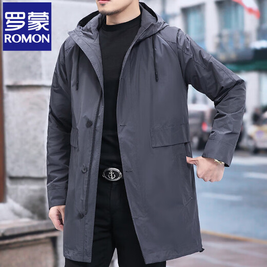 Luo Meng high-end windbreaker men's spring and autumn thickened warm business casual mid-length thickened down hooded winter coat FY192213 gray 175/L