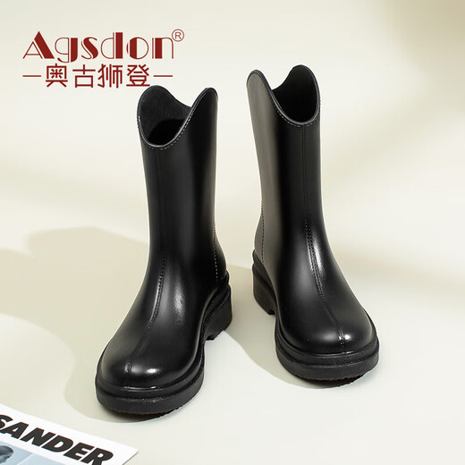 奥古狮登（Agsdon）雨鞋女时尚套脚成人雨靴中筒胶鞋雨靴防水雨鞋 823193 黑色 36