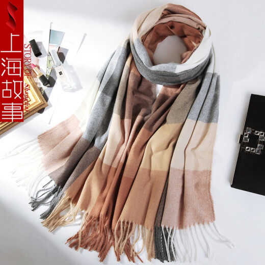 Shanghai Story Scarf Women's Autumn and Winter Office Air-conditioned Room Summer Imitation Cape Shawl Dual-Purpose Fashionable Style Cape Thin Section 1# Rice Camel Check