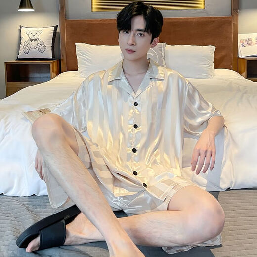 Meng Laiting pajamas men's summer ice silk short-sleeved thin summer men's imitation silk summer home clothing set [ice silk] S1203 men L