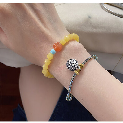 Longyin beeswax amber bracelet for women and men round bead single circle with turquoise and southern red Buddha head birthday gift YJ about 5.8mm