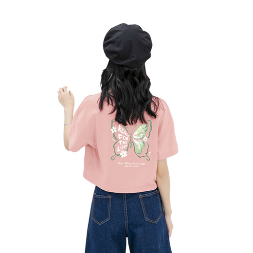 真维斯女装短袖t恤夏季新款高级感体恤衫纯棉高档多巴胺小个子显瘦衣JR 蝴蝶-粉835A XL
