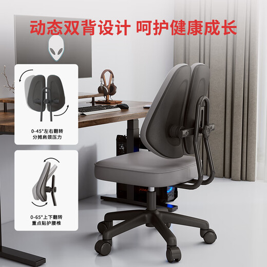 赛谷电脑椅人体工学椅子舒适久坐靠背护腰办公座椅家用宿舍学习电竞椅 HW-1049灰色 PU-护腰双背椅 无扶手 尼龙脚
