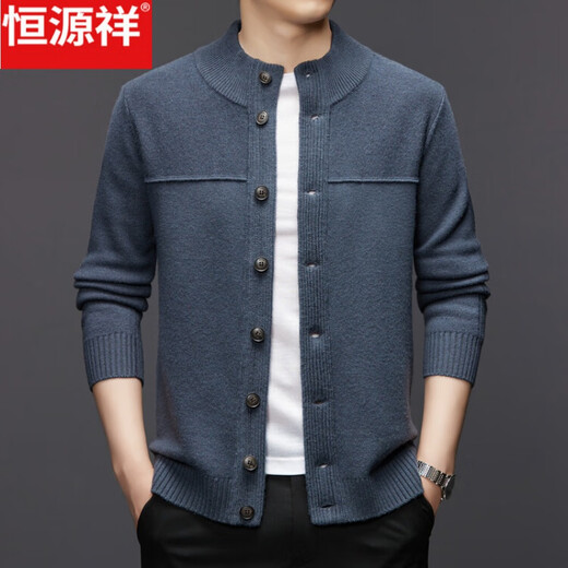 恒源祥100%纯羊毛绒衫男秋冬季毛衣外套中老年爸爸装宽松厚款保暖针织衫 灰色 M