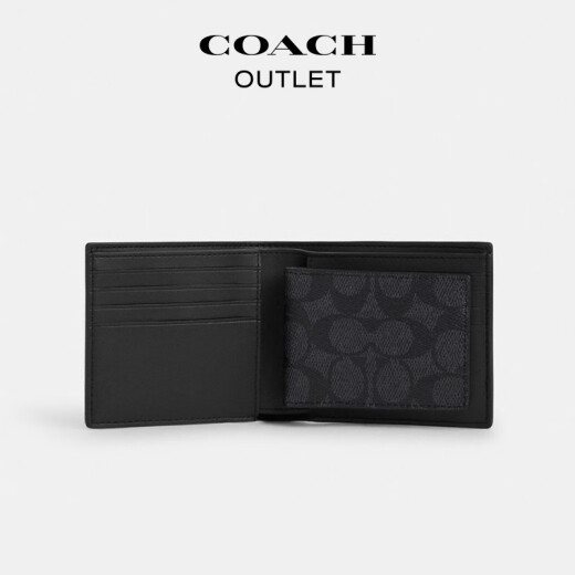 蔻驰（COACH）奥莱男士经典标志老花三合一钱包短款卡包黑色 碳灰色/黑色
