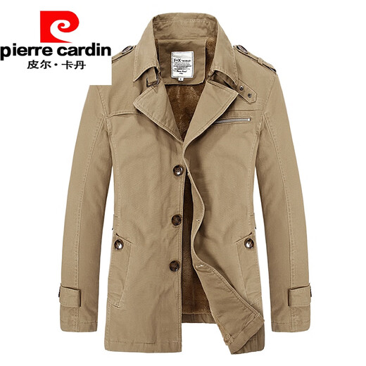Pierre Cardin autumn and winter men's windbreaker mid-length hooded cotton Korean style trendy lamb plush jacket popular coat 5793Z dark khaki plus velvet XL