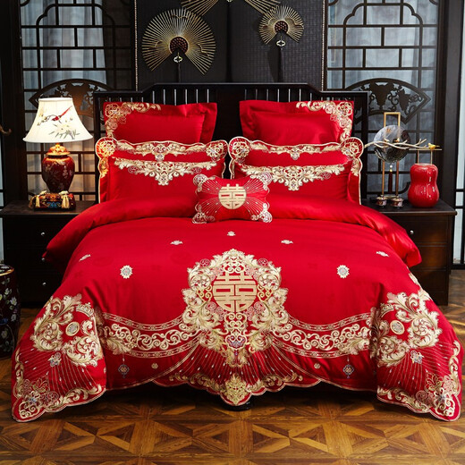 Edi Meng Chinese festive 100 pieces of big red embroidered wedding cotton high-end luxury pure cotton multi-piece set bedding forty and sixty-eighty pieces set gd461 Happy four-piece set bed sheet style bed width 1.5m - quilt cover 200*230cm