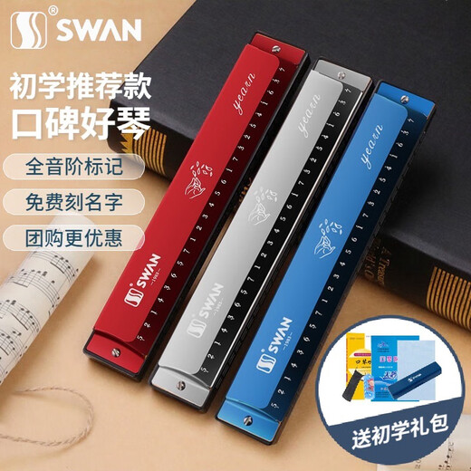 Swan (SWAN) 24-Loch-Einton-Mundharmonika in C-Tonart für Kinder und Grundschüler. Einsteiger-Mundharmonika mit Notenschrift. 24-Loch-Einton-Mundharmonika in C-Tonart. Schwarz + Komplettset für Einsteiger.