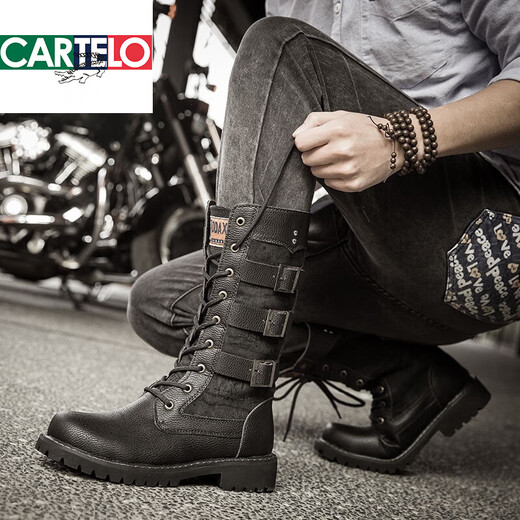 
CARTELO high tube long boots men's trendy riding boots retro knight boots men's high top boots Martin boots British style cowboy boots spring and autumn black 983 41