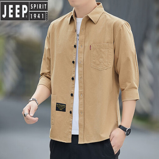 JEEP SPIRIT高档纯棉免烫夏季衬衫男士宽松版七分袖衬衣工装中袖外套休闲百搭 高质量纯棉料七分袖5008(浅蓝色) L 115斤-135斤
