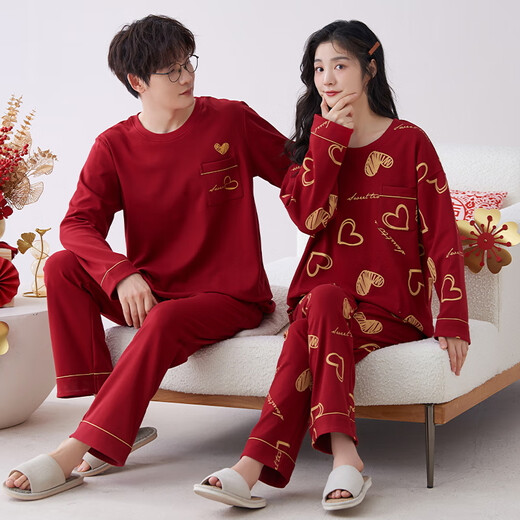 LOYACKIND Home Suit Red Pajamas Marriage Newly Wedding Couple Set Men and Women 2025 Spring and Autumn New Cotton Long Sleeve Festive 01M9227 Women [Double Happy] XL (120-140Jin [Jin equals 0.5 kg])