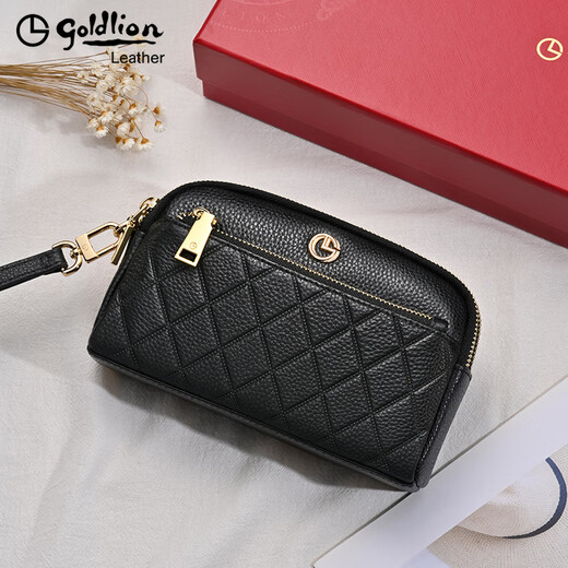 Goldlion Women's Bag Genuine Leather 2025 Summer New Fashion Clutch Zipper Large Capacity Coin Purse Mobile Phone Bag Women's Wallet Black