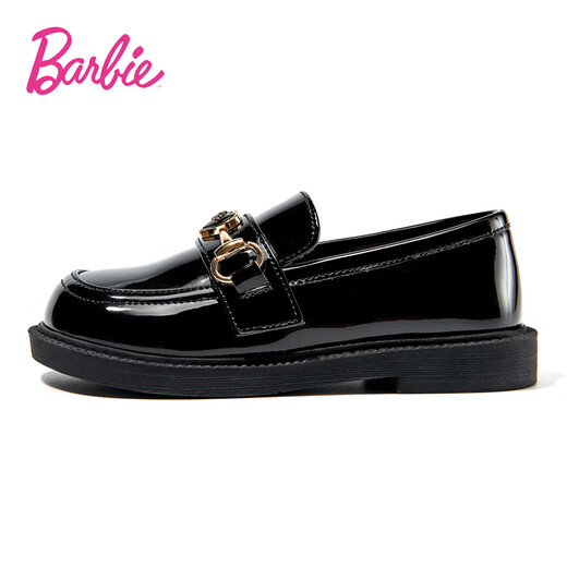 Barbie Children's Shoes Girls Spring and Autumn British Style Girls Performance Bright Leather Black Leather Shoes Slip-On DA6562 Black Size 36