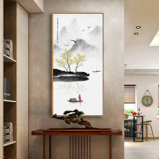 Zilang Zen decorative painting new Chinese style hanging painting entrance vertical mural hotel tea room corridor aisle wall ink landscape painting 03-autumn 70*140 wood grain yellow frame (PS frame + canvas)