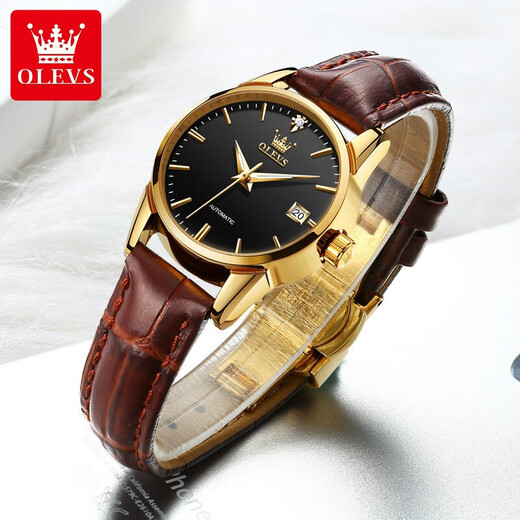 Olevs Swiss Certified Watch Mechanical Watch Totalmente automático Simple Women's Watch Small Birthday Gift For Girlfriend 6629 Femenina de cuero marrón Negro - grabado gratis