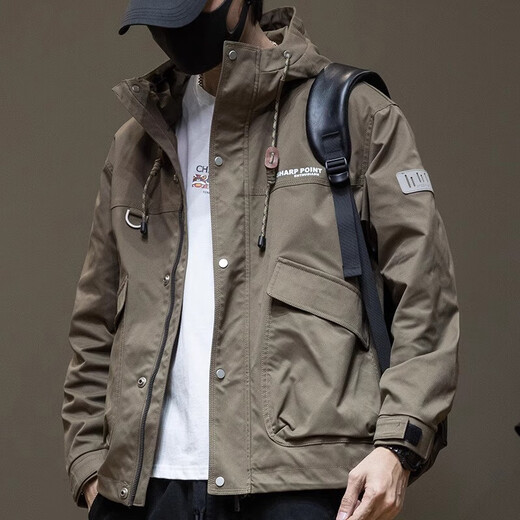 Jeep Spirit Jeep Jacke Herren Workwear High-End-Frühling und Herbst verdickte Jungen großgröße Baumwollkleidung Herren-Stil mit Kapuzenkleidung für Männer Fleece 1502-1 Militärgrün (verdickt) l