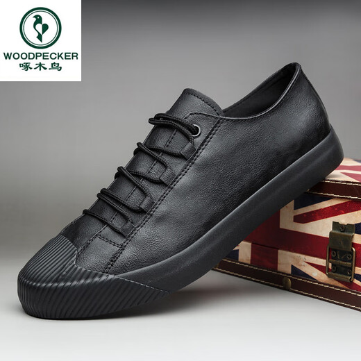 Woodpecker Spring and Autumn 2025 new casual men's shoes black waterproof leather shoes summer trendy shoes Korean style shoes business UK 9851 black white low top 41