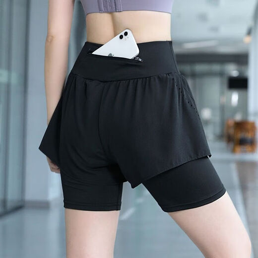 仙僖俫女士骑行裤假两件高腰大码防走光瑜伽短裤宽松薄款健身跑步运动 黑色 五·分裤 L