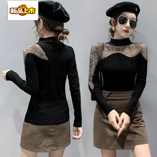 GTYUWVG Half-High Neck Base Shirt for Women Spring and Automne 2025 New European Station Industry Industry Diamond Incrup Shirt Long Manche à manches longues et sexy Black 3899 # Plus Velvet Plus Velvet Mesh Fabric S Recommandé 75-90jin [Jin est égal à 0,5 kg]