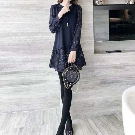 Shanidoluo Fat Damen-Kleidung schlankes Kleid neuer Frühlings- und Herbst-Chiffon-Hemd Langes Bauch Cover T-Shirt 15283 Dunkelblau 2xl empfohlen 120-140jin [Jin gleich 0,5 kg] zum Tragen