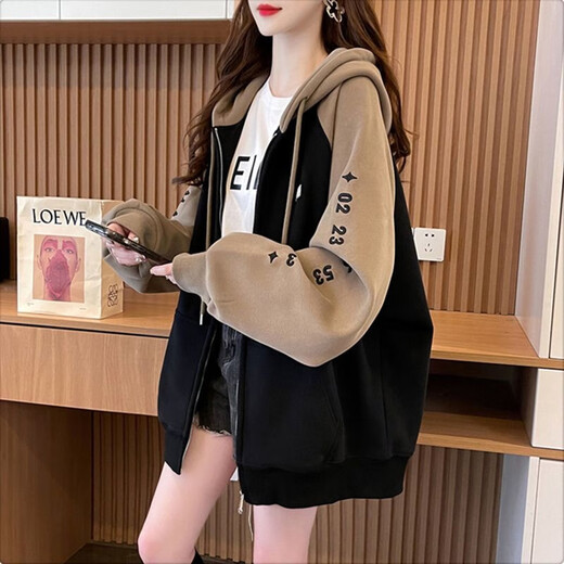 Han Huizhi Chaqueta con capucha para mujeres en primavera y otoño al estilo coreano suelto de longitud media versátil de moda de moda casual de moda para mujeres D695 Apricot primavera y otoño 2xl regular [recomendado 140-160Jin [Jin equivale a 0.5 kg]]]