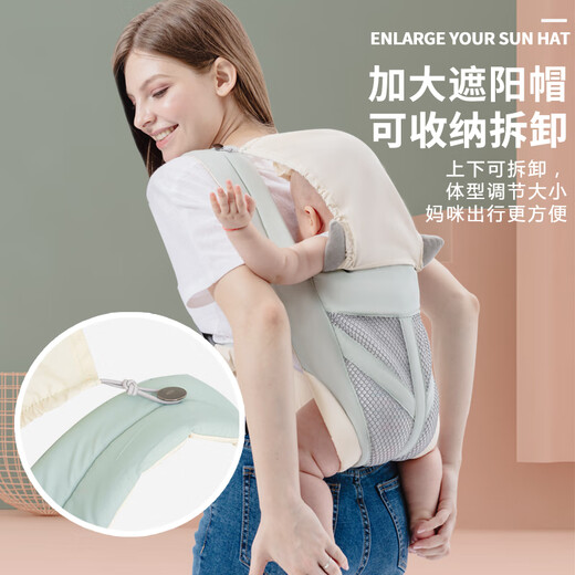 贝佑婴儿背带前后两用外出简易宝宝前抱夏季背巾小孩儿童抱娃背娃神器 青瓷蓝-3D网款含防风帽 适3-36