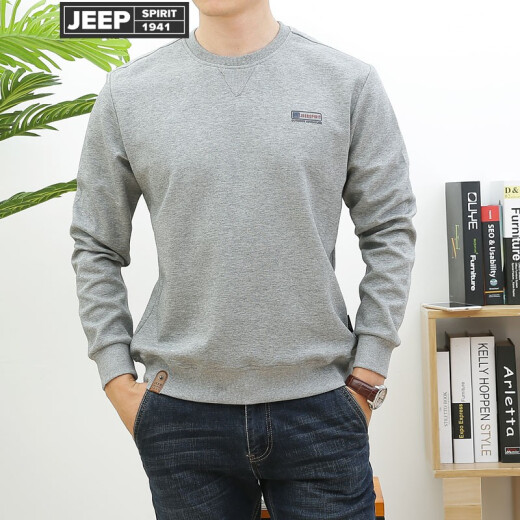 Jeep/JEEP sweatshirt men's spring and autumn spring round neck pullover long-sleeved loose black new solid color T-shirt bottoming sweater sweater sports casual gray top gray M