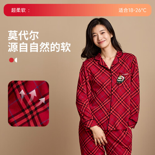Autumn Deer Couple Pajamas Women Autumn Red Modal Cotton Plaid Cardigan Long Sleeve Men Wedding Home Clothes Suit New Year Gift Big Red Women (01) M