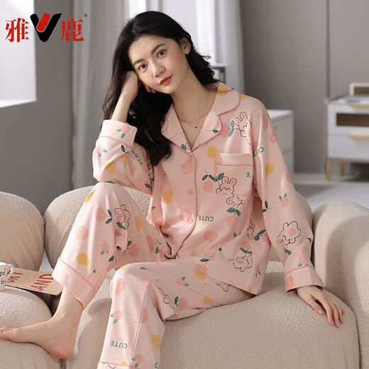 雅鹿睡衣女秋冬季纯棉长袖开衫春秋款卡通小熊可爱女士全棉家居服套装 9226 L  (100-120斤)
