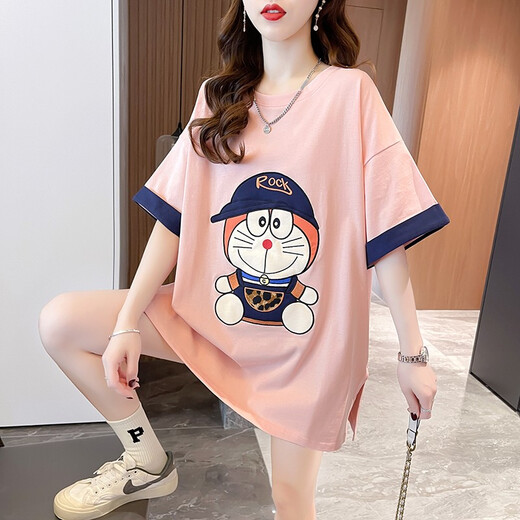 妃丽慕尚（FEILIMUSHANG）学生刺绣重工条纹短袖T恤女装设计感宽松中长款上衣潮夏季2025年 681白色 L 建议130斤以内