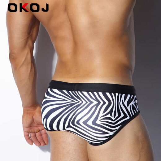 OKOJ brand triangle swim trunks for men 2023 summer new sexy low waist fashionable striped swimming trunks black and white pattern M